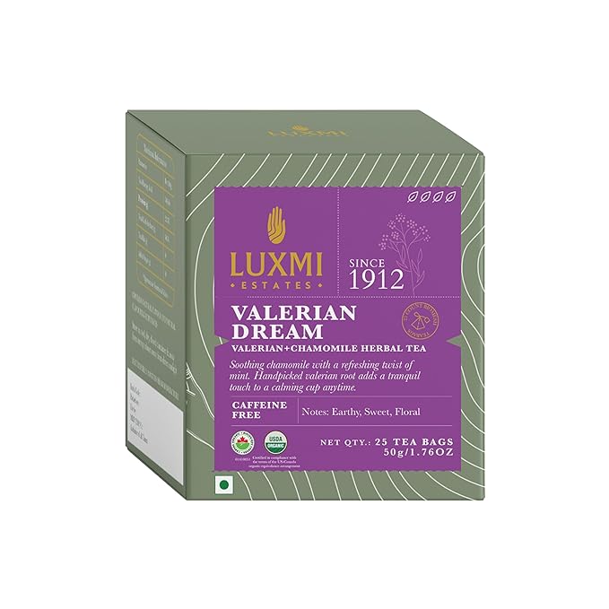 Luxmi Estates Valerian Dream Organic Valerian Root Tea (25 Tea Bags) Caffeine Free Tea Bags For Sleep, Relaxing, Calming, and Stress Relief, With Certified Organic Valerian Root Tea - Bloomnest