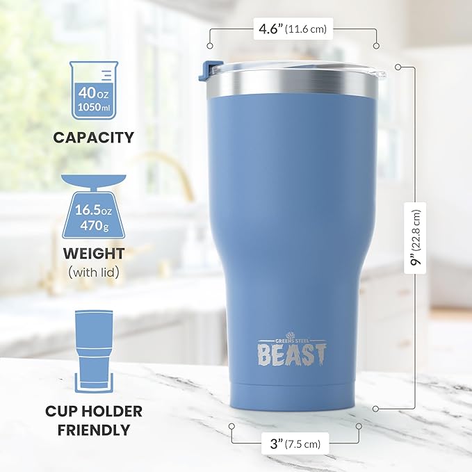 Beast 40 oz Tumbler Stainless Steel Vacuum Insulated Coffee Ice Cup Double Wall Travel Flask (Stormy Sky Blue) - Bloomnest