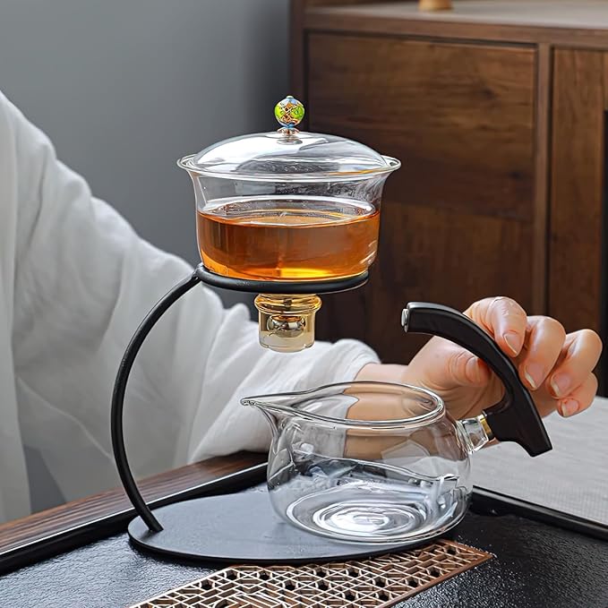 Lazy Kungfu Semi-Automatic Drip Teapot with Infuser, Magnetic Rotating Cover, Heat Resistant Tea Set for Home/Office