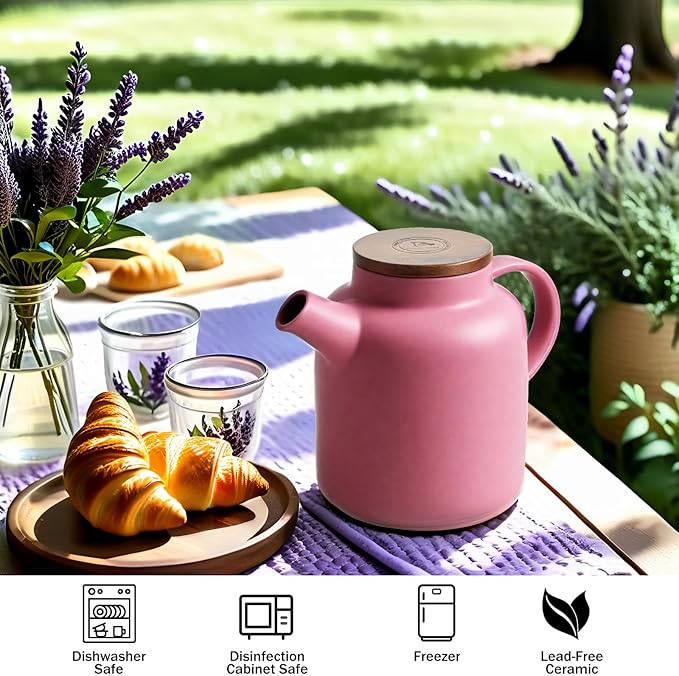 Yundu 1500ml / 50 oz Ceramic Teapot with Infuser & Wood Lid - Matte Purple, Loose Leaf Tea Pot with Removable Strainer, Large Capacity - Bloomnest