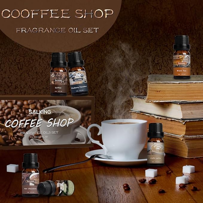 SALKING Coffee Shop Fragrance Oils Set, Premium Essential Oils Set for Diffuser, Scented Oil for Soap & Candle Making - Blueberry Pancakes, Coffee, Café Latte, Hot Chocolate, French Vanilla, Black Tea - Bloomnest