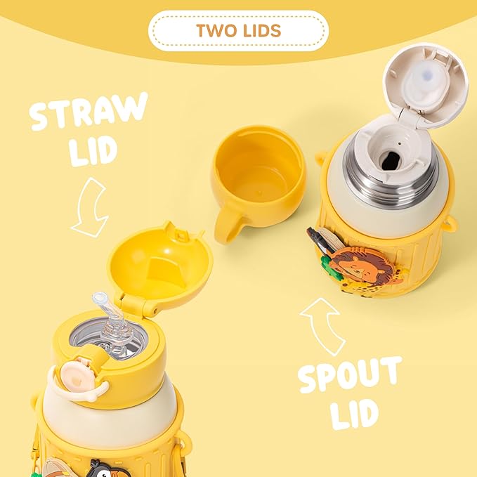 Kids Insulated Tumbler Set – 16oz Stainless Steel Water Bottle with Straw & Pour Lids, Screw-On Cup, Adjustable Strap, Silicone Sleeve & Charms – Leakproof BPA-Free Bottle for Boys & Girls - Bloomnest