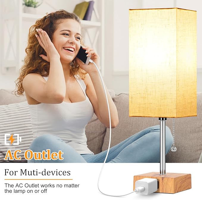Table Lamp for Bedroom set of 2,3-Color Bedside Lamps with Pull Chain Table Lamps for Nightstand with AC Outlets,Small Night Light Lamps with 2 Bulbs Lamps for Living Room Kids Room Office Decor（Wood） - Bloomnest