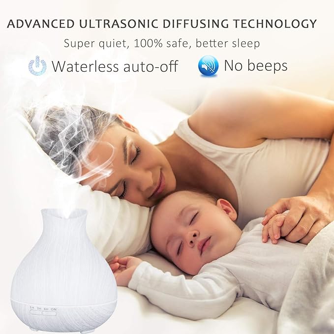 BZseed Aromatherapy Essential Oil Diffuser 550ml 12 Hours White Wood Grain Aroma Diffuser with Timer for Large Room, Home, Baby Bedroom, Waterless Auto Shut-Off, 7 Colors Lights Changing - Bloomnest