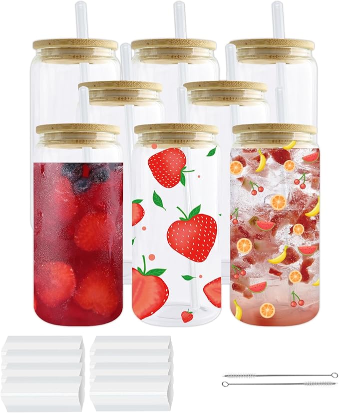 Sublimation Glass Cups Blanks with Bamboo Lids and Straws 8 Set 16 oz Reusable Iced Coffee Cup Beer Can Drinking Glasses, Cute Tumbler Cup for Smoothie Whiskey Boba Soda Tea Water… - Bloomnest