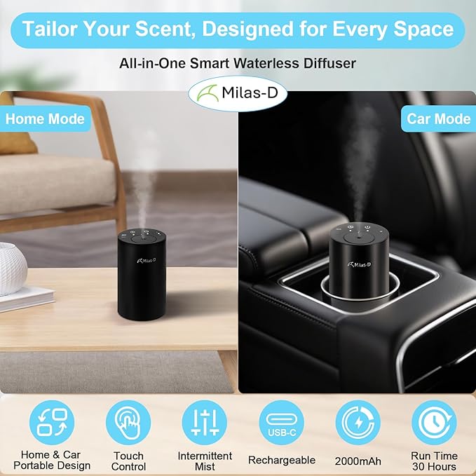 Waterless Essential Oil Diffuser, Battery Operated Nebulizer with 3-Timers & 3 Mist Levels, 0.7 fl.oz./20ml, Mini Scent Air Machine, Home Car Office Studio, Portable & Rechargeable, Milas-D, Black - Bloomnest
