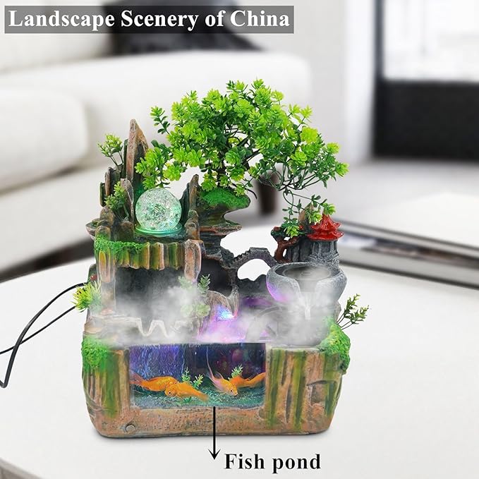 Rockery Fountain Indoor Tabletop Water Fountains Atomizing Humidifier Fountain Desktop Decorations, with LED Light, 110V Waterfall with Rockery Resin Ornament for Home, Office Decoration.