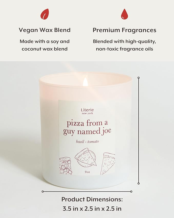 Literie NYC Inspired Scented Candle: Pizza from a Guy Named Joe - Tomato & Basil Scent, 9oz, 50 Hour Burn, Vegan Soy & Coconut Blend Candle for Home Decor, Gift for Women & Men - Bloomnest
