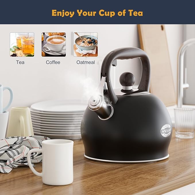 Tea Kettle Whistling Teapot for Stovetop : 2.64 Quart Food Grade Stainless Steel Tea Pot with Ergonomic Handle, Loud Whistle Camping Kettle for Tea, Coffee, Milk - Black - Bloomnest