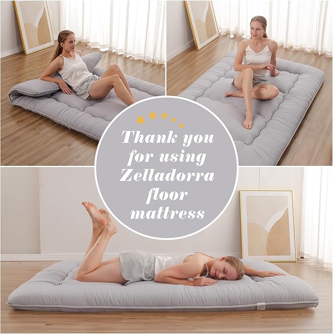 Japanese Floor Mattress, Futon Mattress with Storage Bag and Washable Cover, Roll Up Tatami Mat Suitable for Guest Room, Grey, Queen - Bloomnest