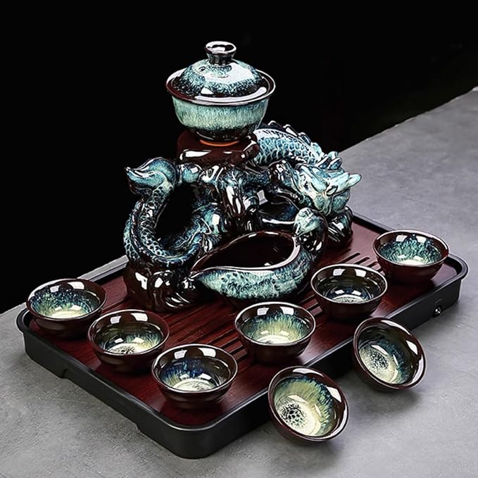 Chinese Gongfu Tea Set Ceramic Teapot with Infuser, 8 Cups, Semi Automatic Dragon Design for Loose Leaf Tea
