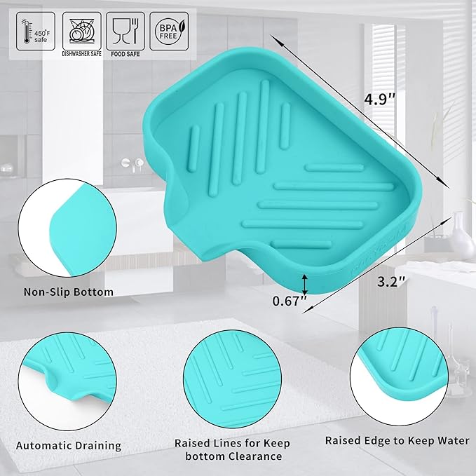 Silicone Bathroom Soap Dishes with Drain Spout-Bathroom and Kitchen Sink Organizer,Sponge Holder,Dish Soap Tray,Perfect for Dispenser,Scrubber,Bottle,Cup on Sink or Counter-Mint 4.9"×3.2" - Bloomnest