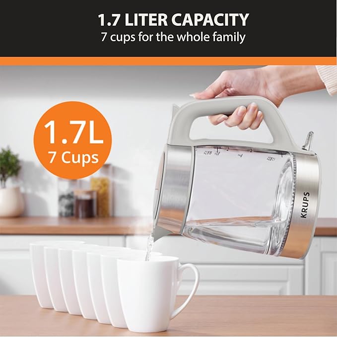 KRUPS Electric Kettle, 1.8-Qt (1.7L) Tea Kettle, 1500W with LED indicator, Hot Water Boiler, Auto Shut-off, Rapid 80-Second Cup Boiling, Safe Boil-dry Protection, Water Heater, Glass Carafe, Grey - Bloomnest