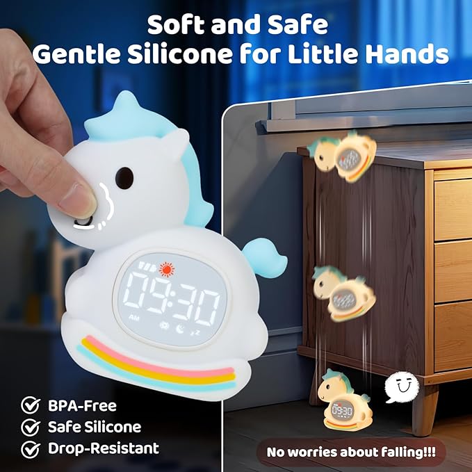 Alarm Clock with Night Light for Kids with Sleep Training and Sound Machine, Rechargeable Silicone Lamp OK to Wake Clock，Cute Animal Tabletop Lamp, Perfect Sleep Companion for Boys Girls，Blue Pony - Bloomnest