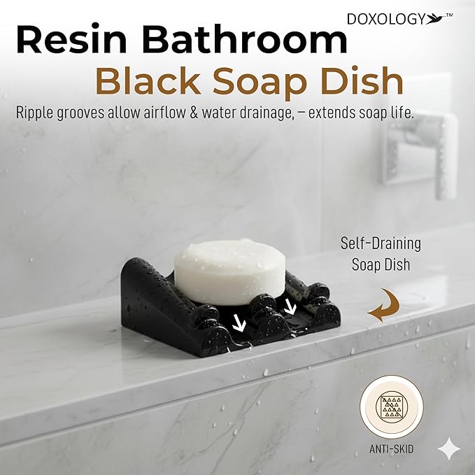 DOXOLOGY Black Marble Soap Dish Bathroom Organizer - Resin Soap Dish with Rectangular Design 3.7" L x 2.8" W - Self Draining Soap Dishes Keeps Countertop Neat - Marble Look Soap Tray for Sink - Bloomnest