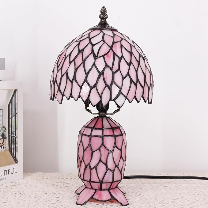 Small Tiffany Lamp Stained Glass Table Lamp Mini Mother Daughter Vase Desk Accent Night Light for Bedroom Bedside Reading Home Antique Style 8X14 Inches (Pink Wisteria) - Bloomnest