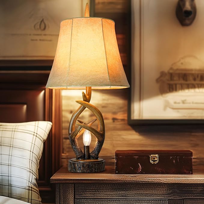 Scenekoy Rustic Farmhouse Antlers Bedside Table Lamp Set of 2 with Nightlight Dual USB Ports Leather Soft Bell Shade Brown Finish nightstand Lamp Decor for Living Room Bedroom Office House Hotel - Bloomnest