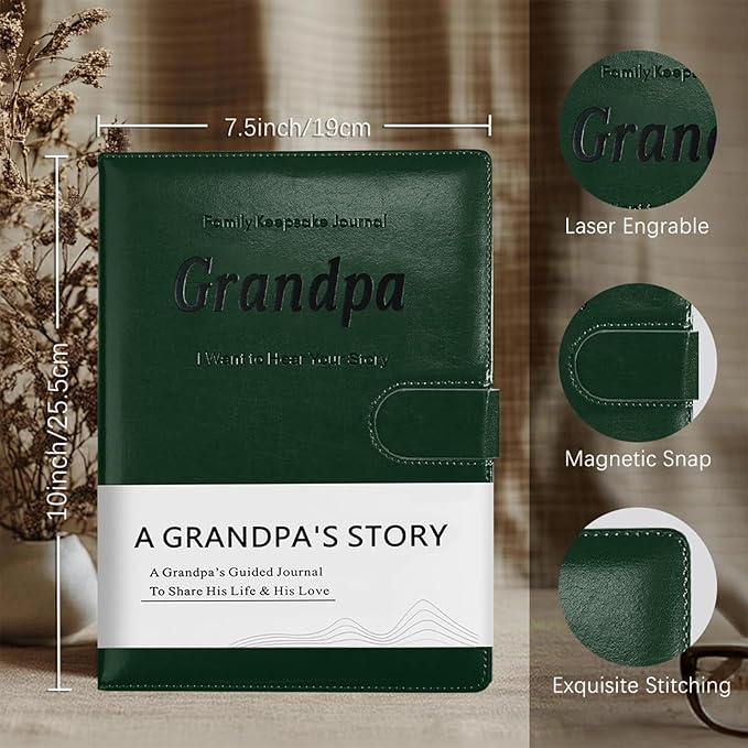 Artmag Grandpa's Life Story Journal with 250+ Prompt Questions, Family Keepsake Book Leather Cover for Grandpa to Share His Memories for Birthday Father's Day Christmas (Dark Green) - Bloomnest