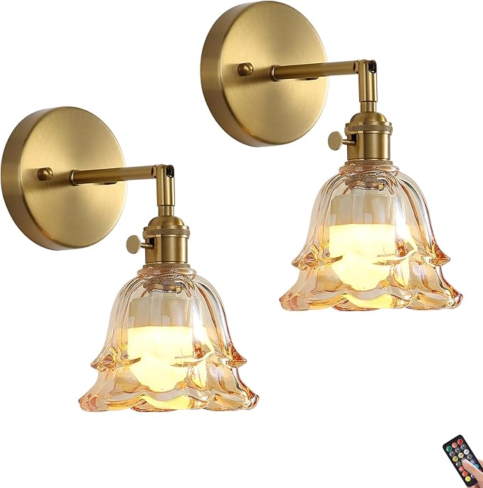 2 Pack Vintage Battery Operated Wall Sconces, Rose Amber Lampshade & 180 Degree Adjustable, Wireless Rechargeable RGB Wall Light with Remote Control, for Bedroom Living Room Hallway Aisle - Bloomnest