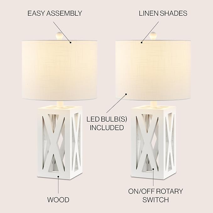 JONATHAN Y JYL1062B-SET2 Stewart 21.5" Wood LED Table Lamp Farmhouse, French Country, Rustic, Bohemian, Bedroom, Living Room, Office, College, Bookcase, White (Set of 2) - Bloomnest
