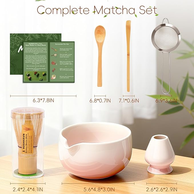 Matcha Whisk Set, Ceramic Matcha Set Includes Bowl & Holder, Bamboo Whisk (Chasen), Scoop, Spoon and Sifter, 6PCS Matcha Kit Covers Everything Needed for Making Matcha (Pink) - Bloomnest