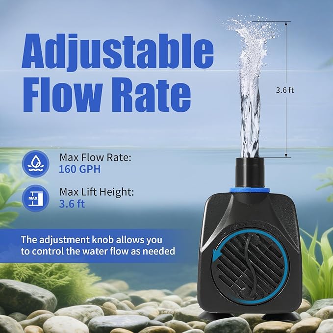 AQUANEAT Small Fountain Pump, 160 GPH Mini Submersible Water Pump with 3.3 ft Tubing, for Aquarium Fish Tank, Pet Water Fountain, Hydroponics, Pond Waterfall Filter Pump - Bloomnest