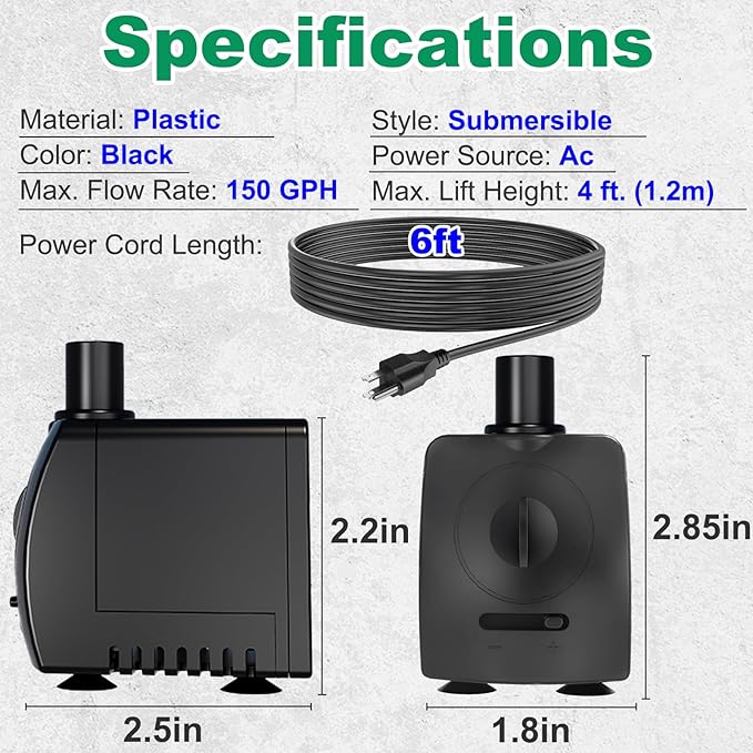Submersible Pump 150GPH (550 L/H 9.5W) Ultra Quiet with Over Heating Protection 4ft High Lift for Fountains, Hydroponics, Ponds, Aquariums & More - Bloomnest