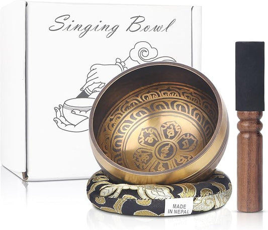 Kmise Tibetan Singing Bowls Set- Handmade in Nepal Meditation Sound Bowls for Yoga, Meditation, Mindfulness, Healing and Chakra Balancing, Stress Relief (4', Brown) - Bloomnest