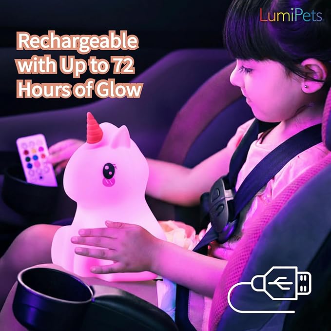 Lumipets Remote Control Silicone Night Light for Kids - Unicorn Design with 9 Soft Colors & Sleep Timer - Rechargeable, Battery-Operated Lamp for Bedroom | Baby Nursery, Toddler, Girls, Boys - Bloomnest