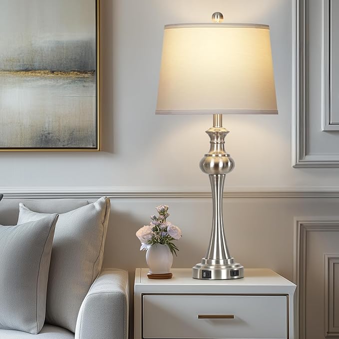 28.75" Silver Table Lamps for Living Room,Touch Lamps for Bedrooms Set of 2 - Nightstand Table Lamp with USB C+A, 3 Way Dimmable Bedside Lamps End Tables Brushed Nickel - Bloomnest