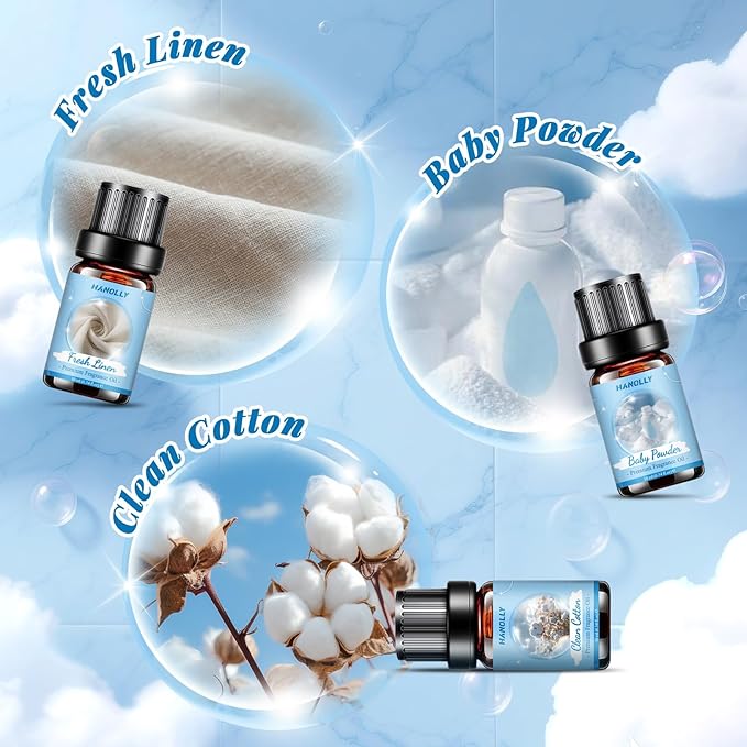Essential Oils Set, Clean Scents Fragrance Oil Aromatherapy Essential Oils Kit for Diffuser (6x10ML) - Baby Powder, Bedtime Bath, Clean Cotton, Eucalyptus & Mint, Fresh Home, Fresh Linen Scented Oil - Bloomnest