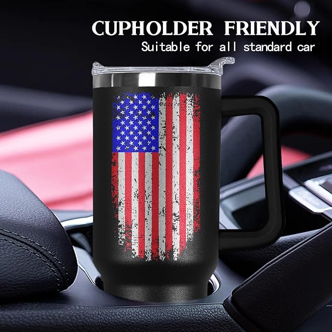 Ceovfoi American Flag Tumbler with Handle,40 oz Dad Vacuum Insulated Stainless Steel Travel Tumblers,Patriotic Military Gifts For Veterans, Police, Fathers Day, 4th of July - Bloomnest