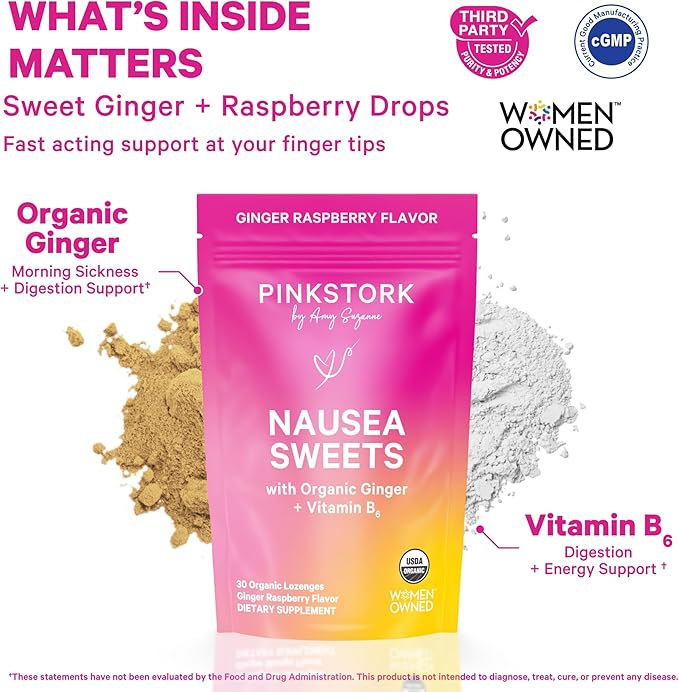 Pink Stork Organic Ginger Raspberry Sweets with Vitamin B6 for Morning Sickness and Motion Sickness, Added Ginger & Vitamin B6, 1st Trimester Pregnancy Must Haves - 30 Wrapped Candies - Bloomnest