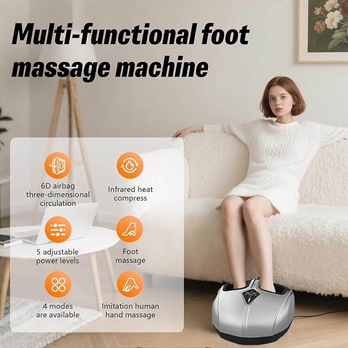 Shiatsu Foot Massager with Heat,Vibration,Air Compression and Deep Kneading,4 Modes + 2 Heat Levels + 5 Intensities,Quiet Design and Washable Sleeves,An adapter is required for use - Bloomnest