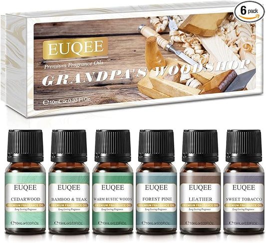 EUQEE Fragrance Oils Gift Set Premium Woody Scented Oil - Forest Pine, Warm Rustic Woods, Bamboo & Teak, Cedarwood, Leather, Sweet Tobacc(Honeyed Haze), for Diffuser, Soap Making, Candle - 6x10ml EUQEE