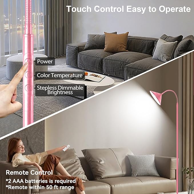 Floor Lamp, 18W Upgraded Bright LED Floor Lamps for Living Room Bedroom with Gooseneck Stepless Dimming & Color 76inch Tall Standing Lamp with Remote & Touch Control Work with Smart Plug (Pink) - Bloomnest