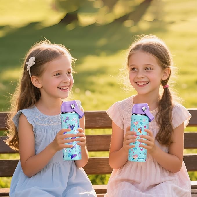 18oz Kids Insulated Water Bottle with Straw Lid - 18/8 Stainless Steel Kid Cup Travel Tumbler Double Wall Vacuum Leak Proof Portable Toddler Water Bottle (Butterfly+Mermaid） - Bloomnest