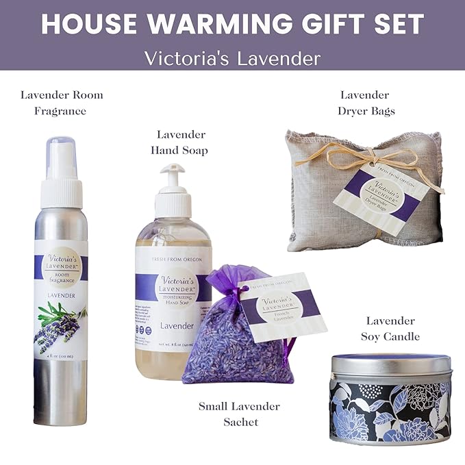 Victoria's Lavender Home Essential Products Set - Made in the USA Collection, Includes Soy Candle, Room Spray, Hand Soap, Organza Sachets, Dryer Bags, Ideal Gift Set for Home Buyers - Lavender (5 Pcs) - Bloomnest