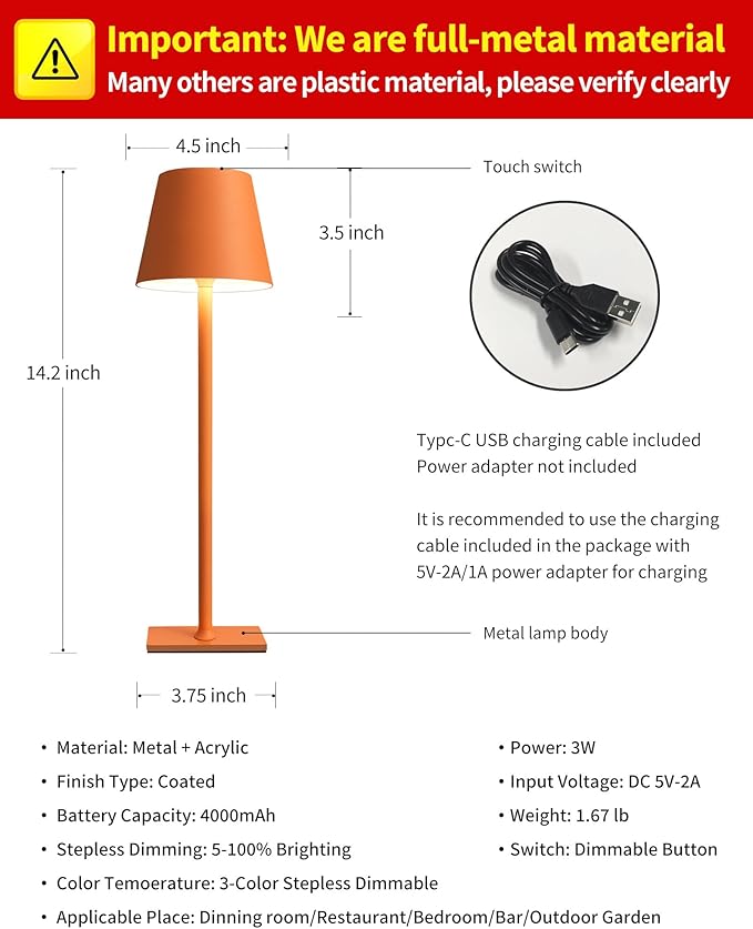 KDG 2 Pack Cordless Table Lamp,Portable LED Desk Lamp, 4000mAh Battery Operated, 3 Color Stepless Dimming Up, for Restaurant/Bedroom/Bars/Outdoor Party/Camping/Coffee Shop Night Light(Orange) - Bloomnest