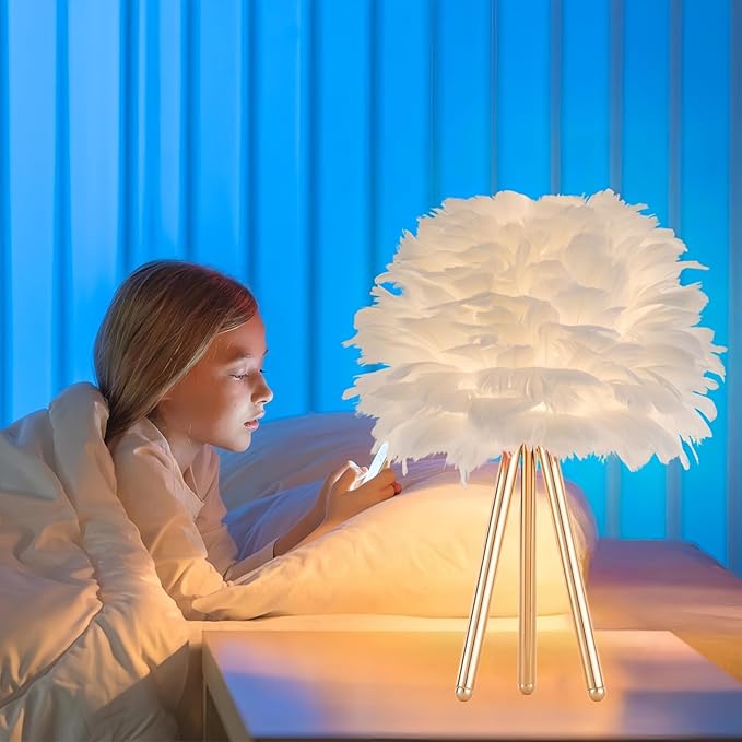ZYLEIESENBAO White Feather Lamp Furry Table Lamp H16'' Modern Princess Feather Desk Lamp Tripod Fluffy Bedside Nightstand Light for Bedroom Wedding Atmosphere Girl Gift Living Room Retaurant Entryway - Bloomnest