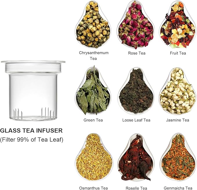 Lezero Tea Infuser Cup with Filter and Lids, Borosilicate Glass Mugs with Strainer for Blooming & Loose Leaf, Lead-free, Microwave & Dishwasher Safe, 14oz - Bloomnest