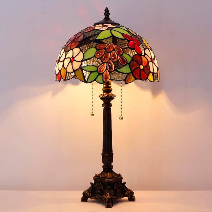 Tiffany Lamp Purple Grape Style Stained Glass Table Lamp Desk Reading Light 12X12X21 Inches with Resin Base Decor Bedroom Living Room - Bloomnest