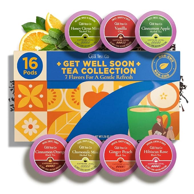 Gya Tea Co Get Well Soon Tea Pod Collection Gift Set (16 Count) - Different Flavors Assorted Variety Pack - Bloomnest