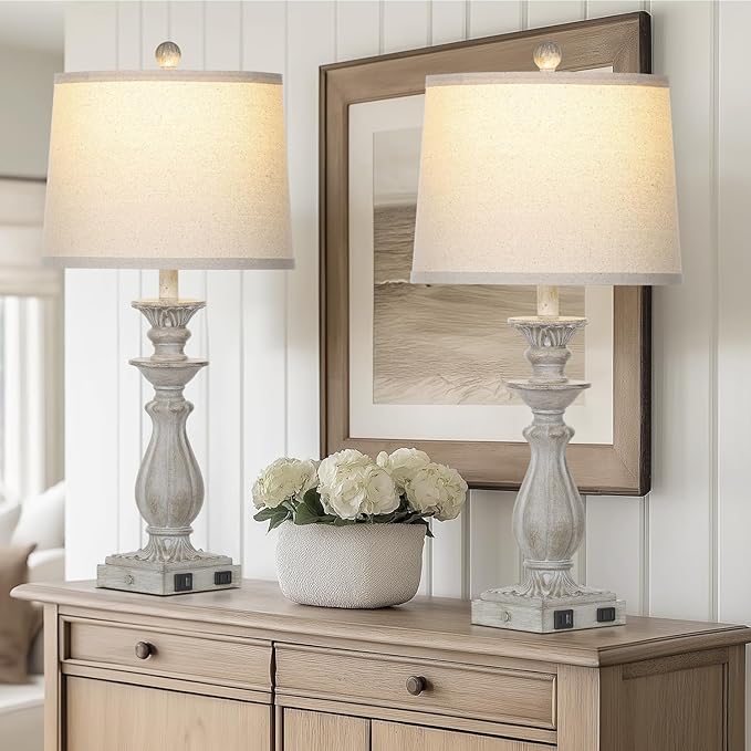 28" Farmhouse Table Lamps for Living Room Set of 2, 3-Way Dimmable Touch Bedside Lamps with USB C+A Ports & AC Outlet, Resin Vintage Tall Nightstand Lamps for Bedroom Office End Table, Grey - Bloomnest