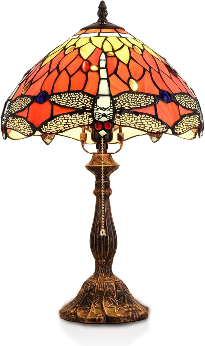 Tiffany Table Lamp, 12-inch Stained Glass Lamp for Living Room, Dining Room, Bedroom, Study Room, Office (Orange Dragonfly) - Bloomnest