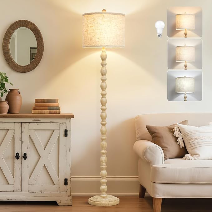 Luvkczc 62" Floor Lamps for Living Room,3 Color Temperature Standing Lamp, Vintage Farmhouse Floor Lamp with Rotary Switch, Rustic Resin Tall Lamps for Living Room, Bedroom, Office, Corner (Cream) - Bloomnest