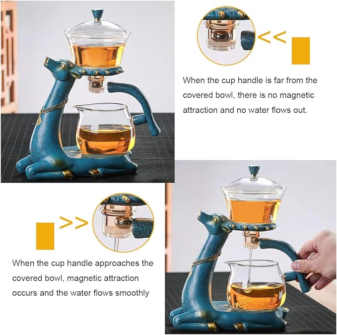 Kungfu Magic Deer Tea Set Glass Magnetic Teapot Semi-Automatic Water Guide Magnetic Teapot with Infuser Heat-Resistant Glass Magic Deer Tea Pot Magic Tea Set Perfect of Holiday Gifts (Blue)