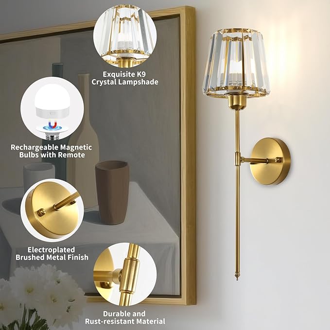 Battery Operated Crystal Wall Sconce Set of 2, Brushed Gold Wireless Wall Light with Remote Control, LED Dimmable 15 Colors USB Rechargeable Light Bulbs Wall Lamp for Bedroom Living Room Hallway - Bloomnest