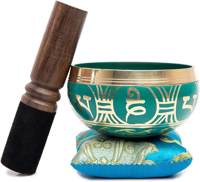 Tibetan Singing Bowl Set - Authentic Handcrafted Mindfulness Meditation Holistic Sound 7 Chakra Healing by Himalayan Bazaar (Turquoise) - Bloomnest