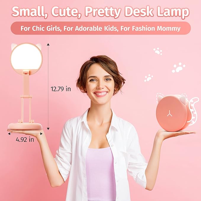 One Fire Cute Desk Lamp Pink Dorm Lamps for College Girls Foldable Portable Rechargeable Dimmable Cute Cat Lamp Kawaii Room Decor,College Dorm Decor for Girls Pink Classroom Essentials - Bloomnest